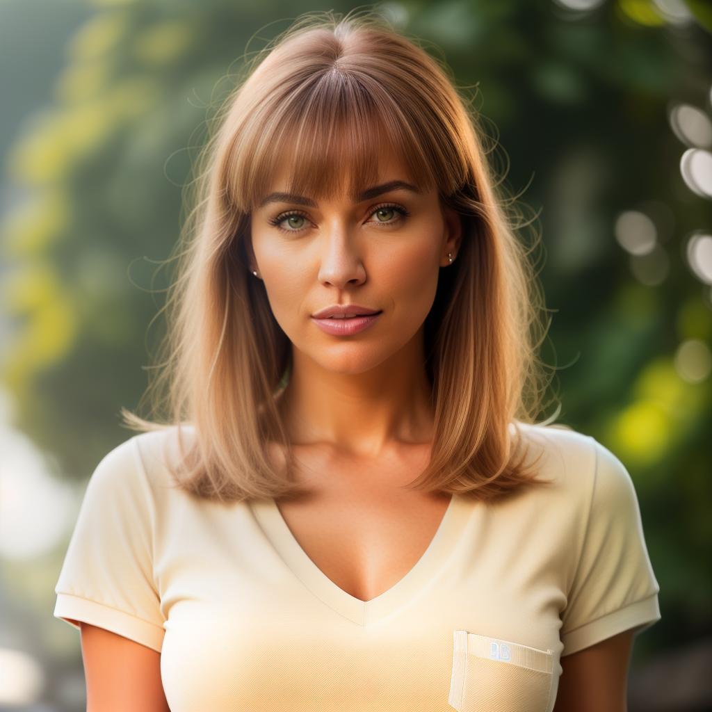  (((realistic full torso frontal head shot of a light beige to medium tan skin tone woman))), irma ivy friedrich, ((caucasian heritage)), immature face, hazel eye color, ((bangs hair style)), ((ginger hair color)), (( body type)), flat size, small size, (immature broad flat nose), (immature high cheekbones), (immature angular jawline), (immature thin lips), (immature broad forehead), (immature even eyebrows), (immature rounded chin), standing straight looking directly into the camera,((wearing fitted polo shirt with deep v neck and monogrammed pocket)), backyard in background, 1girl, best quality, highest quality, award winning photo, masterpiece, raw, professional photography, photorealism, sharp focus, cinematic, hig hyperrealistic, full body, detailed clothing, highly detailed, cinematic lighting, stunningly beautiful, intricate, sharp focus, f/1. 8, 85mm, (centered image composition), (professionally color graded), ((bright soft diffused light)), volumetric fog, trending on instagram, trending on tumblr, HDR 4K, 8K