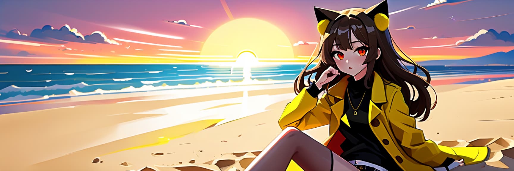  constructivist style an anime girl with cat ears sits on the sand of the beach. she has long dark brown hair, which flies slightly in the breeze. her face, with pronounced jewish and slavic features, radiates lively energy. brown eyes are full of deep emotions, as if reflecting the vast expanses of the ocean. she wears a bright yellow coat, which seems to shine, catching the eye and contrasting with the soft shades of the sunset. under her coat she wears a black shirt and black shorts are decorated with yellow elements, creating a stylish and dynamic look. a bright red sunset turns into night, and the bright red rays of the sun fall on the terrain and contrast with the night darkness. . geometric shapes, bold colors, dynamic composition, pr