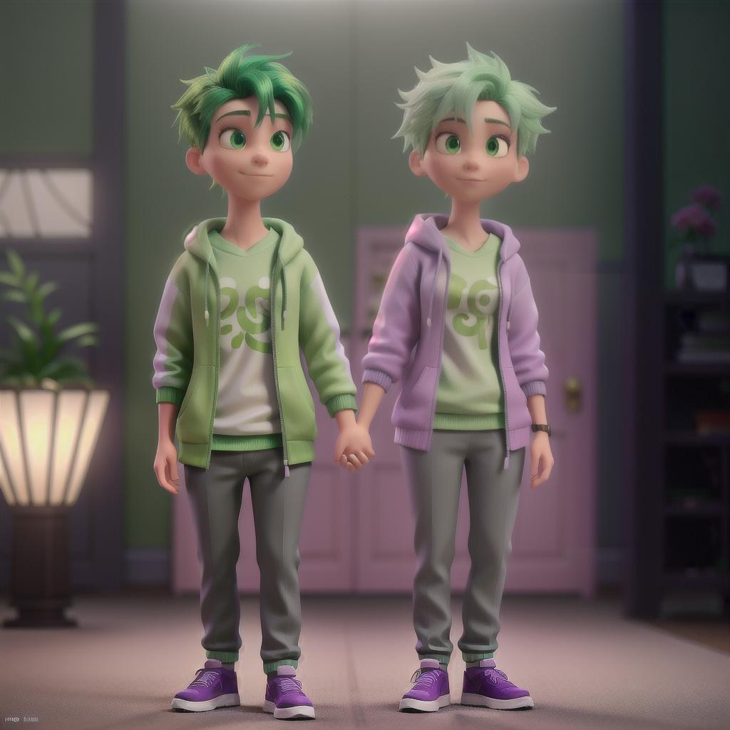  A green haired boy wearing green holding the hand of a magenta haired girl with a dark purple hoodie on with grey pants and white socks hyperrealistic, full body, detailed clothing, highly detailed, cinematic lighting, stunningly beautiful, intricate, sharp focus, f/1. 8, 85mm, (centered image composition), (professionally color graded), ((bright soft diffused light)), volumetric fog, trending on instagram, trending on tumblr, HDR 4K, 8K