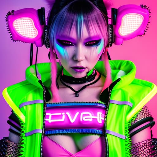  a close up of a woman wearing a bright outfit with headphones, fashion neon light, raver girl, bold rave outfit, dripping in neon paint, cyberpunk fashion clothing, cyberpunk angry gorgeous druid, maximalist fashion, kerli koiv as anime girl, very beautiful cyberpunk samurai, cute rave outfit, fun rave outfit, neon style, cyberpunk fashion