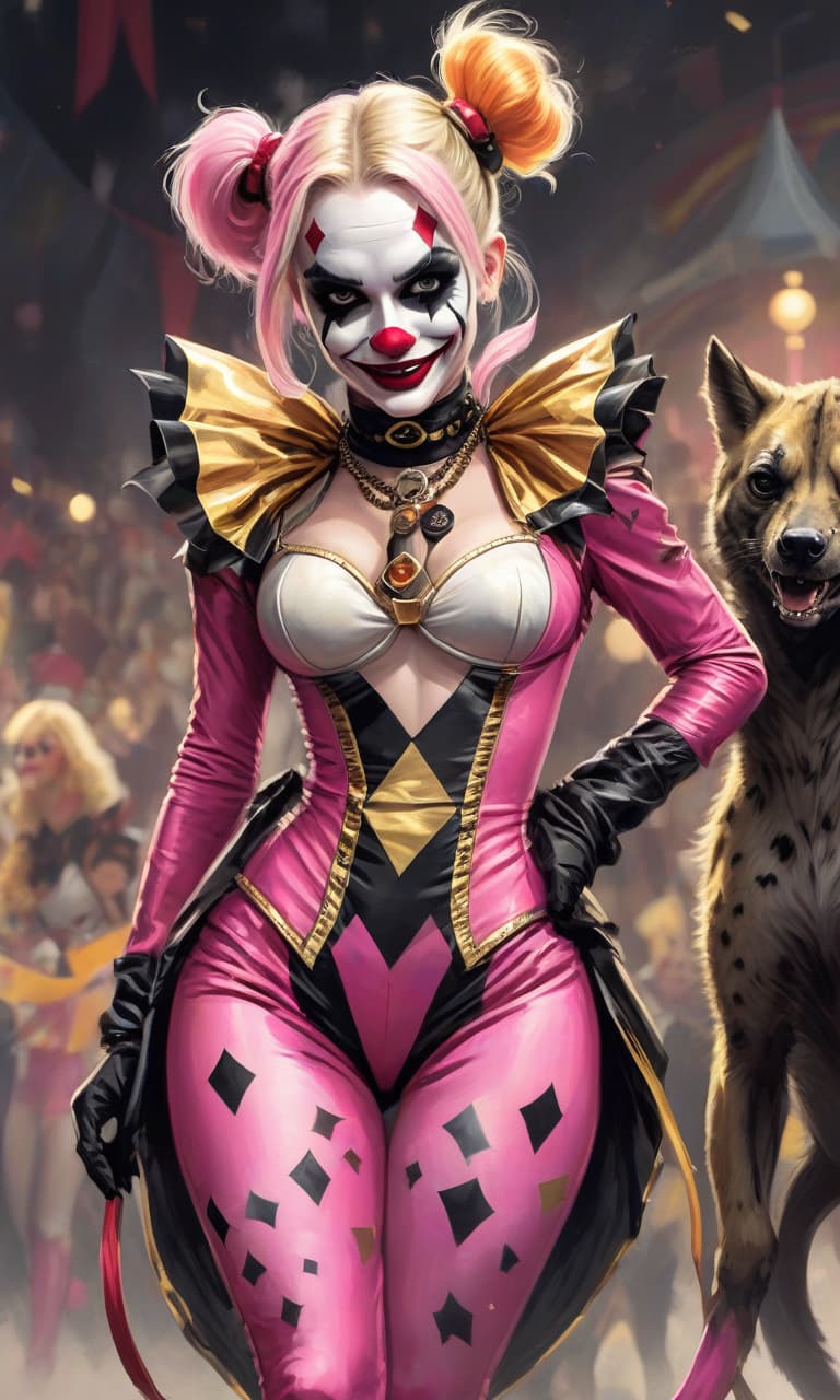  concept art pink, gold, black, white circus margot robbins to the waist in the image of harley quinn costume clown two hyena . digital artwork, illustrative, painterly, matte painting, highly detailed, perfect hands