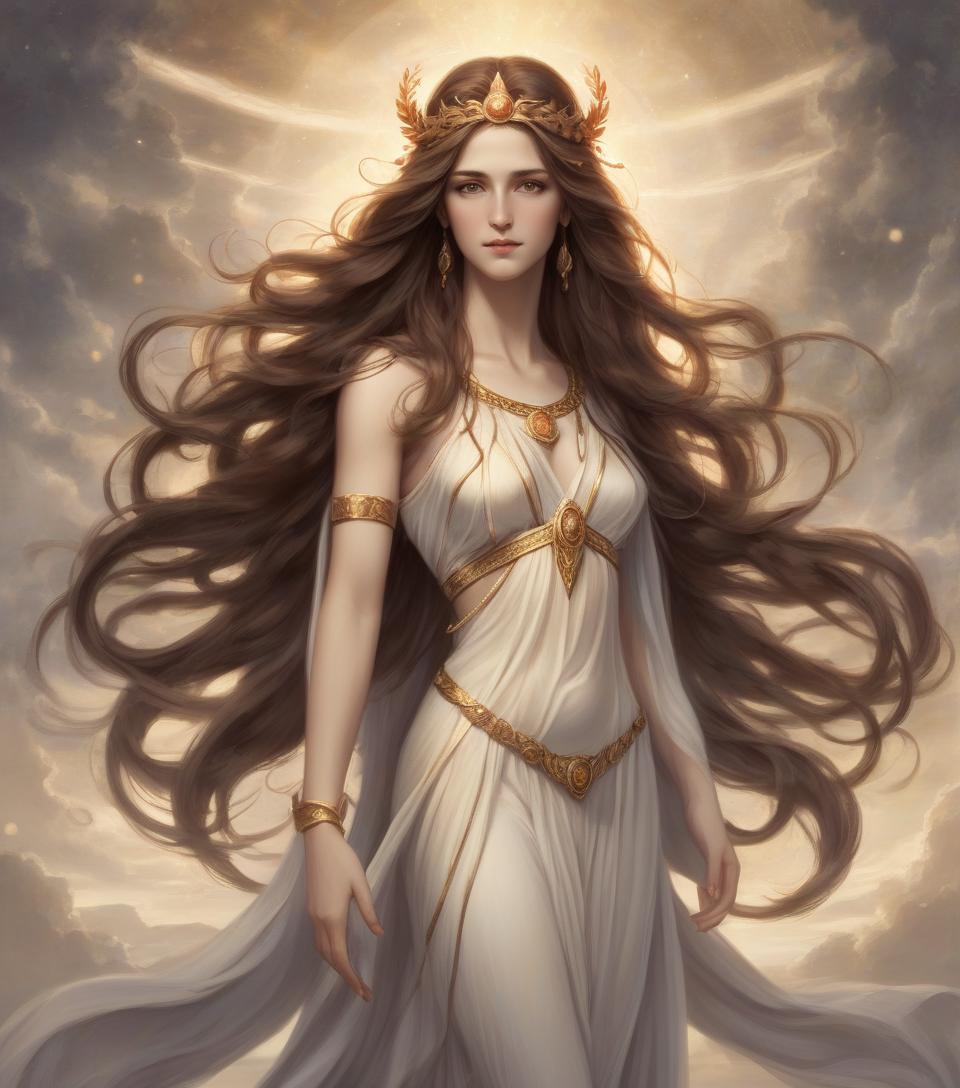  goddess of youth, with long hair and brown eyes, mythology artwork