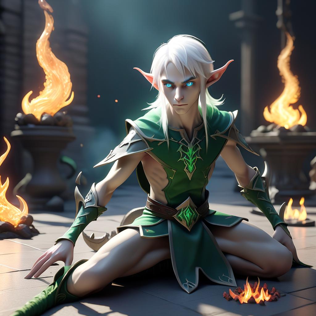  professional 3d model .1 (half elf, half demon), sitting on the floor, body (s) fully visible ++++ (very high detail), + ++, , falls to the ground, one hand rests on the ground, the second hand creates a fire spell (with effects of magic), white hair, middle ++ + +, blue eyes (light eyes), slender body, legs wide apart, 15 meters from the camera, high detail, behind a crowd of ful (low, green) goblins, demons, a 's full height, not a 's height, a 's full of perspective . octane render, highly detailed, volumetric, dramatic lighting, perfect hands, hkmagic