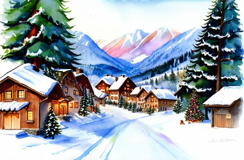  artwork ski village decorated for christmas ar 3:2, watercolor techniques, featuring fluid colors, subtle gradients, transparency associated with watercolor art