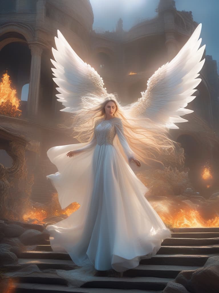  a breathtakingly beautiful female angel with long platinum hair,wearing a wide white dress,with large,beautiful angel wings emerging from her back,surrounded by a glowing halo,her arms outstretched as if pleading for help,overlooking a scene of intense warfare below with sparks and flames,collapsing buildings,and nature being destroyed,a grand and magnificent sight,8k resolution,extremely detailed cgi,masterpiece,high resolution,top quality,top quality real texture skin,surreal,increased resolution,raw photos,highest quality,extremely detailed,wallpaper,cinematic lighting,ray tracing,golden ratio,dynamic angle,viewed from above hyperrealistic, full body, detailed clothing, highly detailed, cinematic lighting, stunningly beautiful, intricate, sharp focus, f/1. 8, 85mm, (centered image composition), (professionally color graded), ((bright soft diffused light)), volumetric fog, trending on instagram, trending on tumblr, HDR 4K, 8K