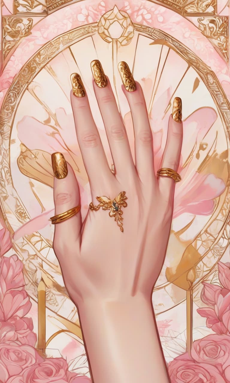  concept art tarot color pink, white, black, gold beautiful woman's hand with a manicure . digital artwork, illustrative, painterly, matte painting, highly detailed, perfect hands