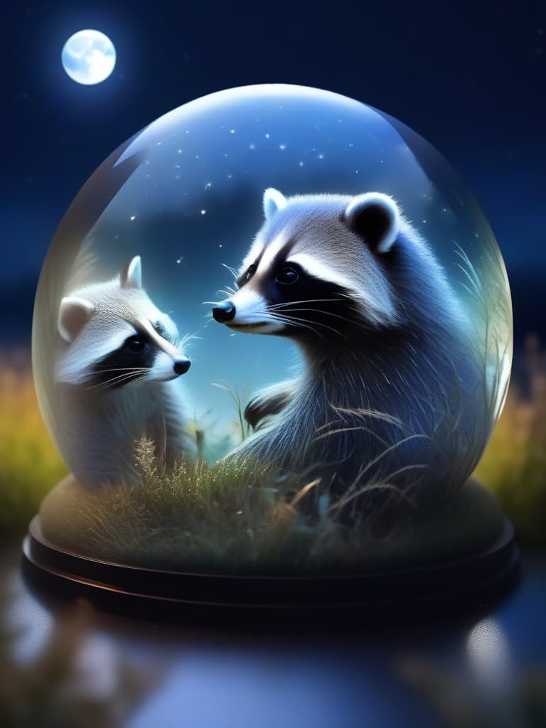  ((((world in domed glass:1.4))))midnight,full moon,field of silver grass🌾 all over,super cute raccoon looking up at the moon:1.2,moon viewing🎑,3d,blur effect,