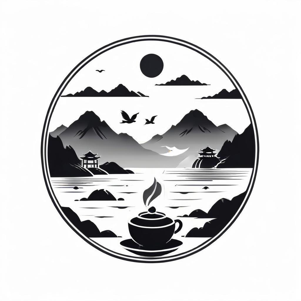  monochrome create a logo for a chinese teahouse using images of the sea, mountains, tea bowl . black and white, contrast, tone, texture, detailed, logo