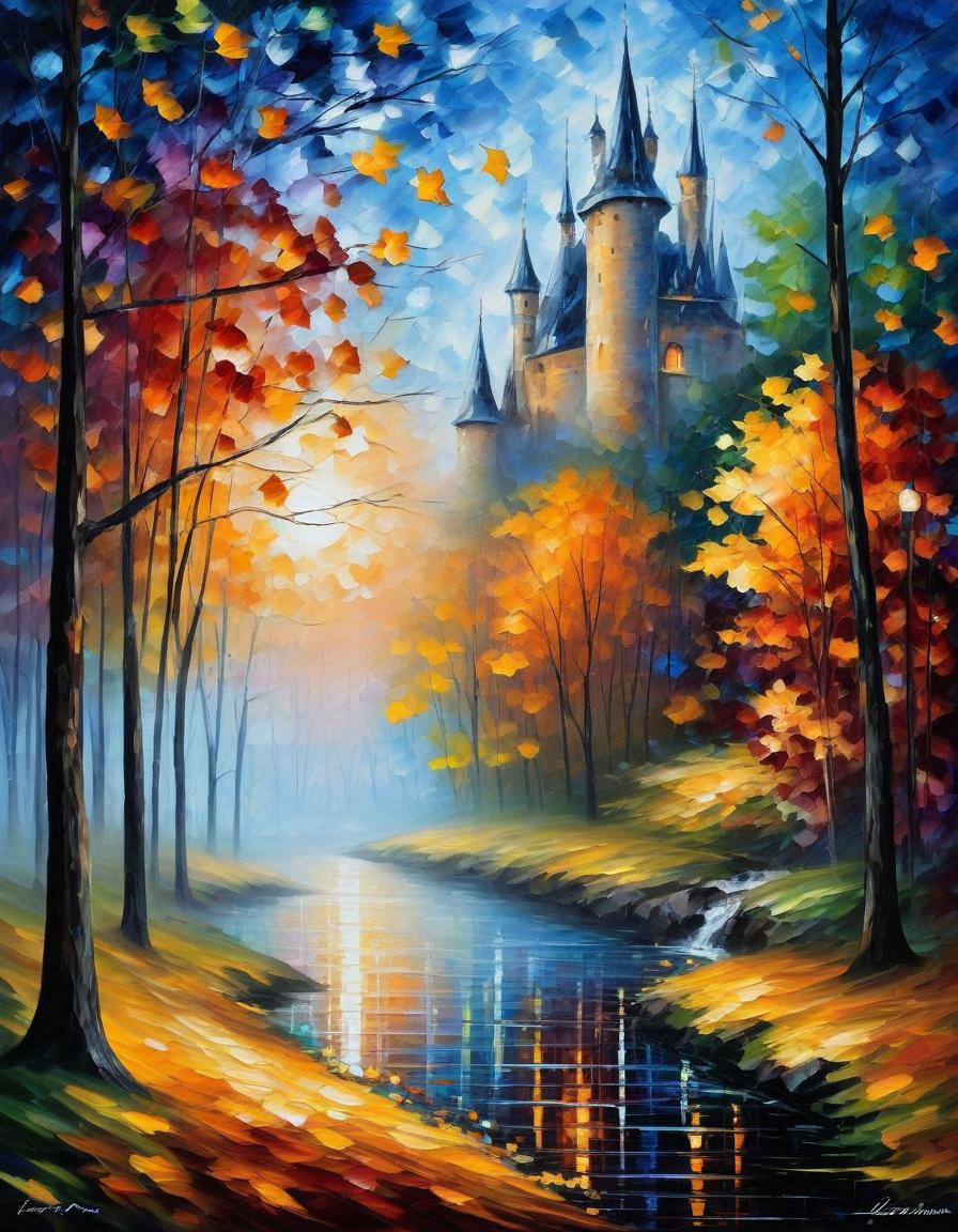  (style of leonid afremov:1.5), oil palette knife painting, canvas, autumn landscape, forest, castle, falling autumn leaves, fantasy, muted shades of colors, gothic aesthetic, beautiful, blue hour, impessionism