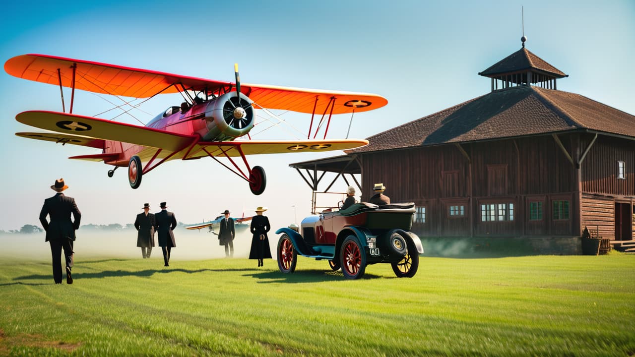  a vintage photograph of a bustling early 20th century airport, featuring biplanes, elegant passengers in period attire, wooden terminal buildings, and a grassy runway under a clear blue sky, evoking a sense of historical significance. hyperrealistic, full body, detailed clothing, highly detailed, cinematic lighting, stunningly beautiful, intricate, sharp focus, f/1. 8, 85mm, (centered image composition), (professionally color graded), ((bright soft diffused light)), volumetric fog, trending on instagram, trending on tumblr, HDR 4K, 8K