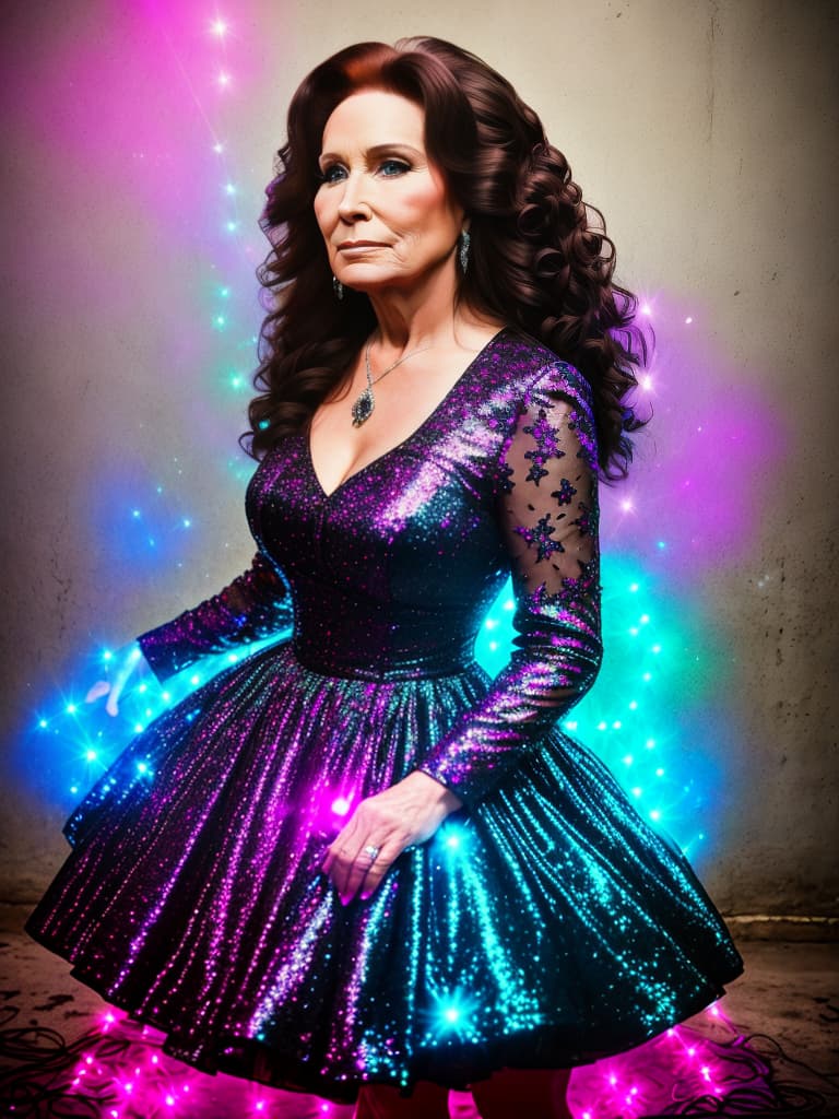  Singer Loretta Lynn, medium shot, upper body, spotlight, long exposure lighting, street art style spray paint, glamour lighting