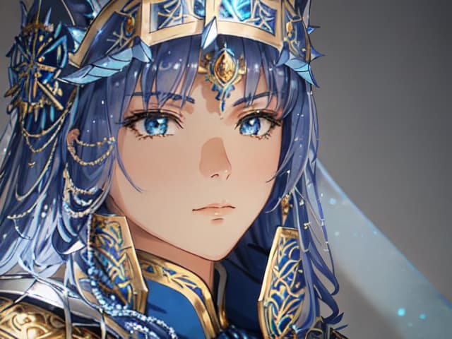  an anime style female warrior in detailed silver and blue medieval armor, holding a large, ornate sword with a gold and blue hilt. she wears a royal blue cape with white fur trim, and her expression is determined. the armor has intricate designs with a reflective metallic sheen. the scene is highly detailed, with soft lighting focusing on the character. the background is a soft, blurred gradient, emphasizing her nobility and strength. hyperrealistic, full body, detailed clothing, highly detailed, cinematic lighting, stunningly beautiful, intricate, sharp focus, f/1. 8, 85mm, (centered image composition), (professionally color graded), ((bright soft diffused light)), volumetric fog, trending on instagram, trending on tumblr, HDR 4K, 8K