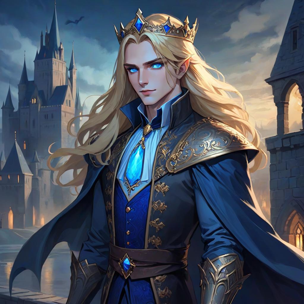  ethereal fantasy concept art of a vampire aristocrat in rich clothes with long blonde hair, blue eyes, night, near the castle, with a crown on his head . magnificent, celestial, ethereal, painterly, epic, majestic, magical, fantasy art, cover art, dreamy