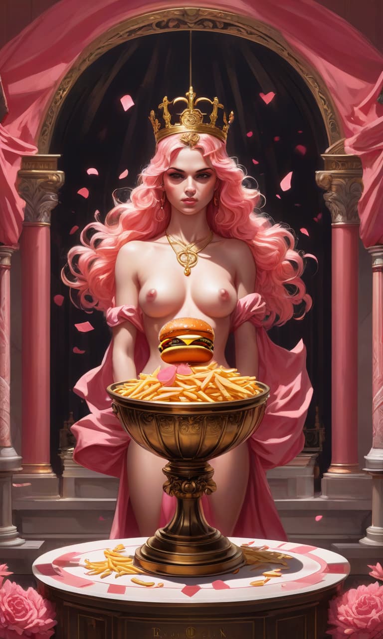  concept art tarot color pink, white, black, gold the courtroom, on the pedestal stands a statue of themis, her eyes are blindfolded. in her hands she has a scale bowl, on one more often fries and a mcdonald's burger, on the other bowl of scales fries and a burger . digital artwork, illustrative, painterly, matte painting, highly detailed, perfect hands