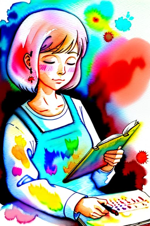  kindergarten teacher and nanny keep an empty book, (watercolor painting) soft colors ,fluid strokes ,transparent layers