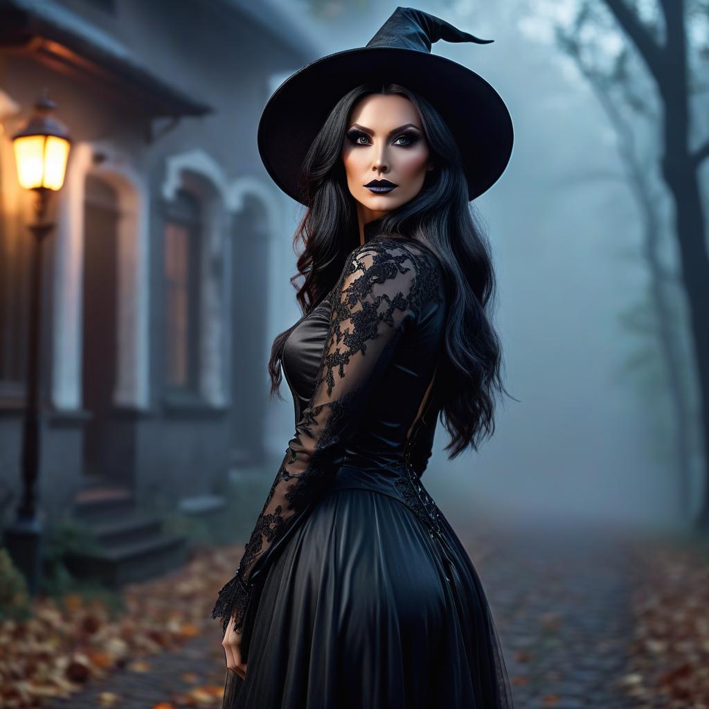  hyperrealistic art halloween, beautiful, witch , in full growth, looking at the camera, view from the back, короткое платье. . extremely high resolution details, photographic, realism pushed to extreme, fine texture, incredibly lifelike, perfecteyes hyperrealistic, full body, detailed clothing, highly detailed, cinematic lighting, stunningly beautiful, intricate, sharp focus, f/1. 8, 85mm, (centered image composition), (professionally color graded), ((bright soft diffused light)), volumetric fog, trending on instagram, trending on tumblr, HDR 4K, 8K