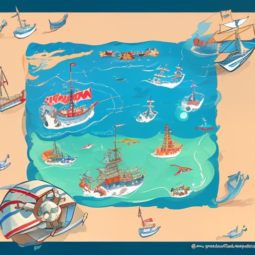  the game field is sea combat. the ships are operated by flounder and sebastian. drawing in the style of a disney cartoon.