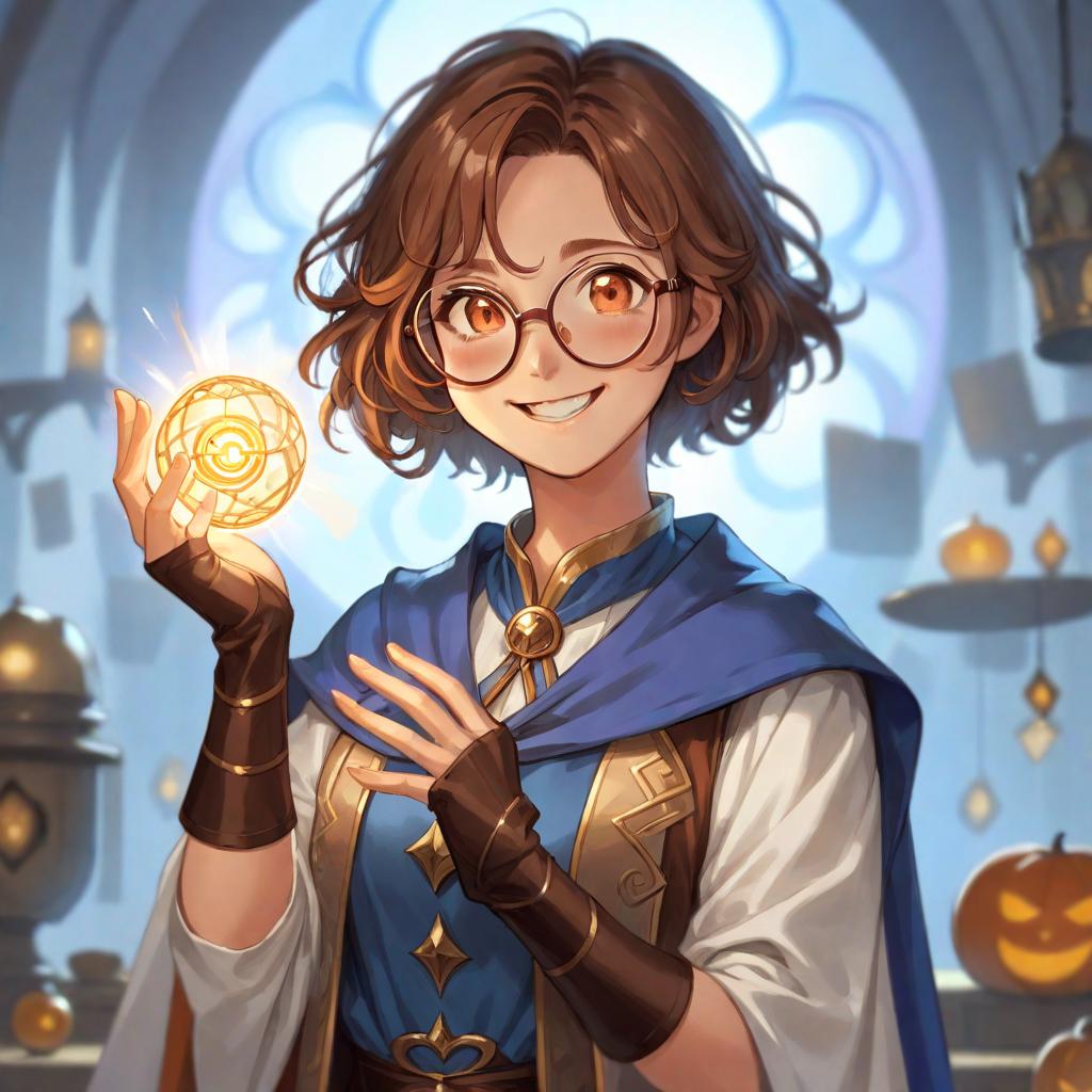  manga artwork gleeful girl wizard that is also an alquimist, she's wearing a white and brown attire with a blue cape. she has an open wide smile, orange eyes, short, brown wavy hair and big round glasses. anime rpg style . manga artist. manga, highly emotional. best quality, high resolution