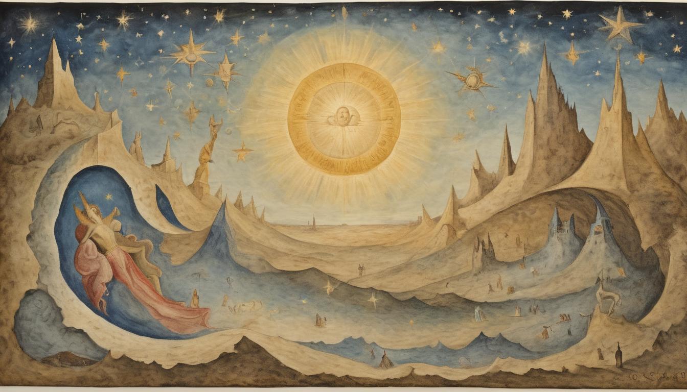  on parchment, surrealism++, gleaming crucible under celestial sky, glowing brightly, star filled and aspirational(mysterious, provocative, symbolic)++