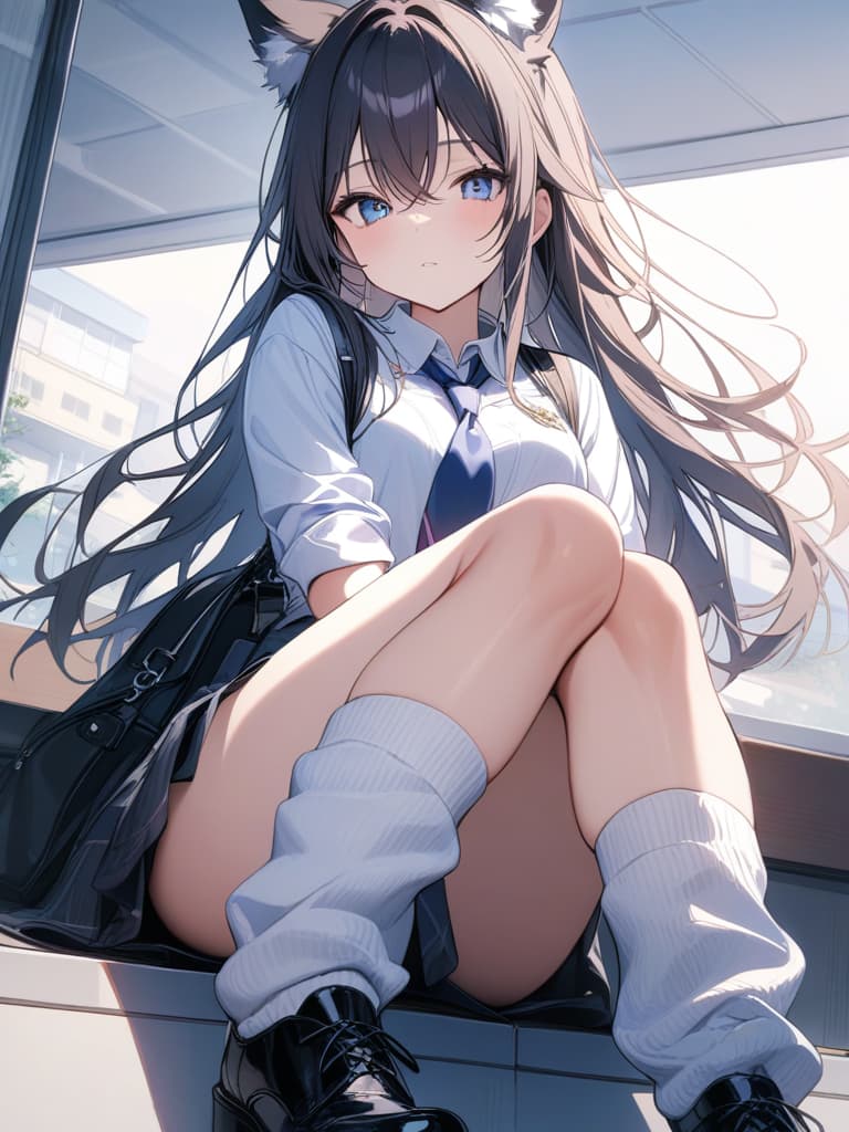  girls, loose socks, students, wolf ears, blue eyes, long hair, school, school, black shoes, masterpiece, best quality,8k,ultra detailed,high resolution,an extremely delicate and beautiful,hyper detail