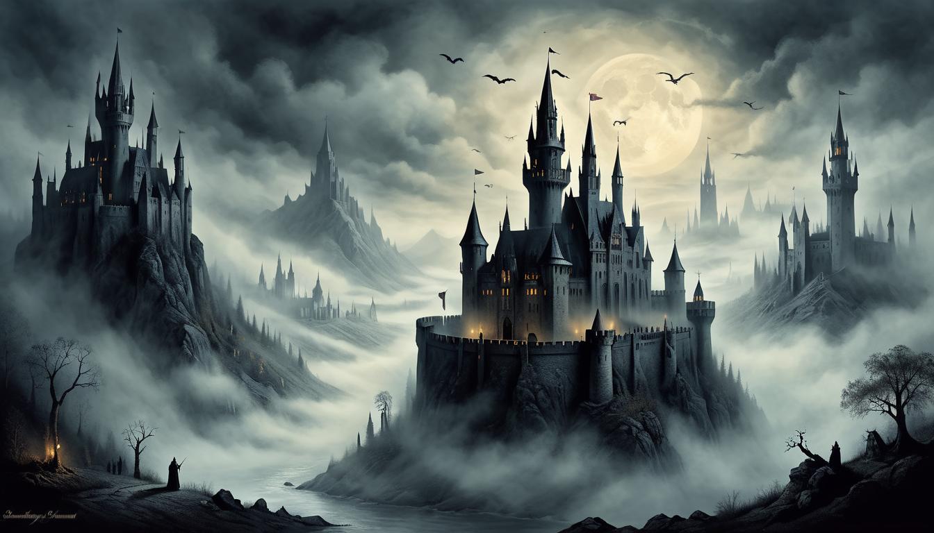  on parchment, surrealism+++, dark castle with towering spires, shrouded in mist, glowing windows, flag waving(mysterious, provocative, symbolic,muted color)+++