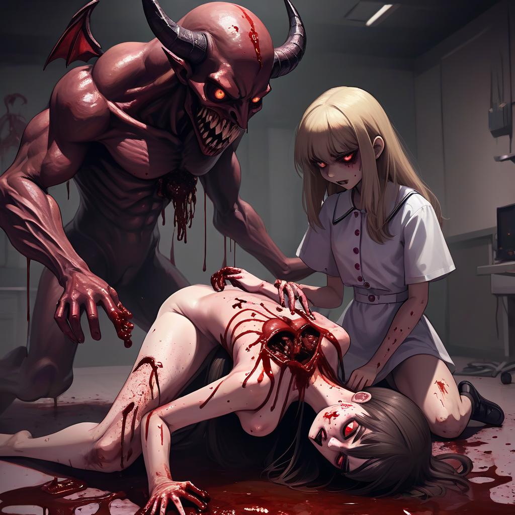  a demon puppeteer controls a girl's body by making her kill, a girl covered in blood, many corpses, horror, hospital, hell.