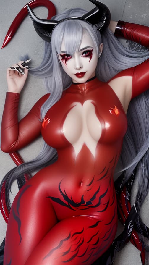  Full body red flame pattern body paint, Blark body paint on the whole body, silver face paint on the face, succubus 女性