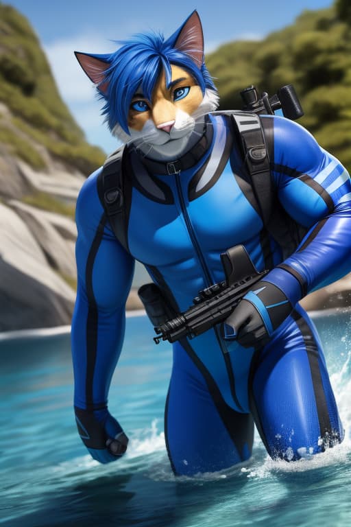  Cat anthro, Male, Big muscles, Royal Blue fur, Royal Blue hair, neon Blue eyes, Skintight neoprene suit, water, tactical gear, diving gear, rifle, open eyes, digital art, masterpiece, 4k, fine details,