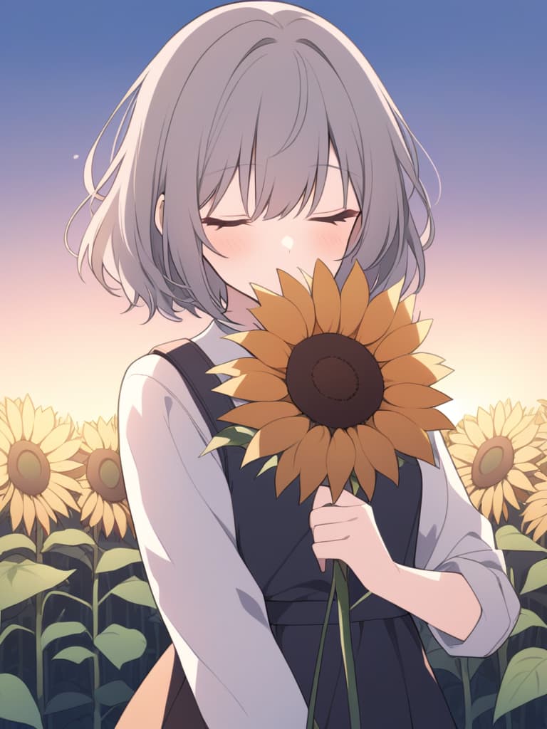  "create an illustration of a girl holding a sunflower while covering one of her eyes with the sunflower. the setting should be during sunset,with warm,golden hues in the background. the girl should have a gentle,serene expression,and her outfit can be casual and light to match the relaxed atmosphere of the evening."