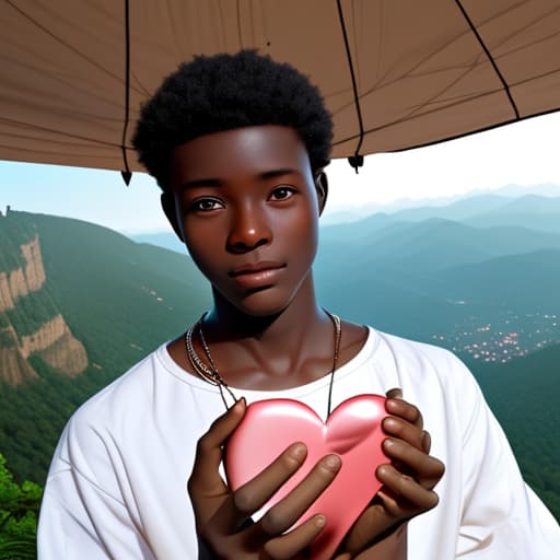  Fair skin Ghanaian boy holding a heart in his hands on a mountain