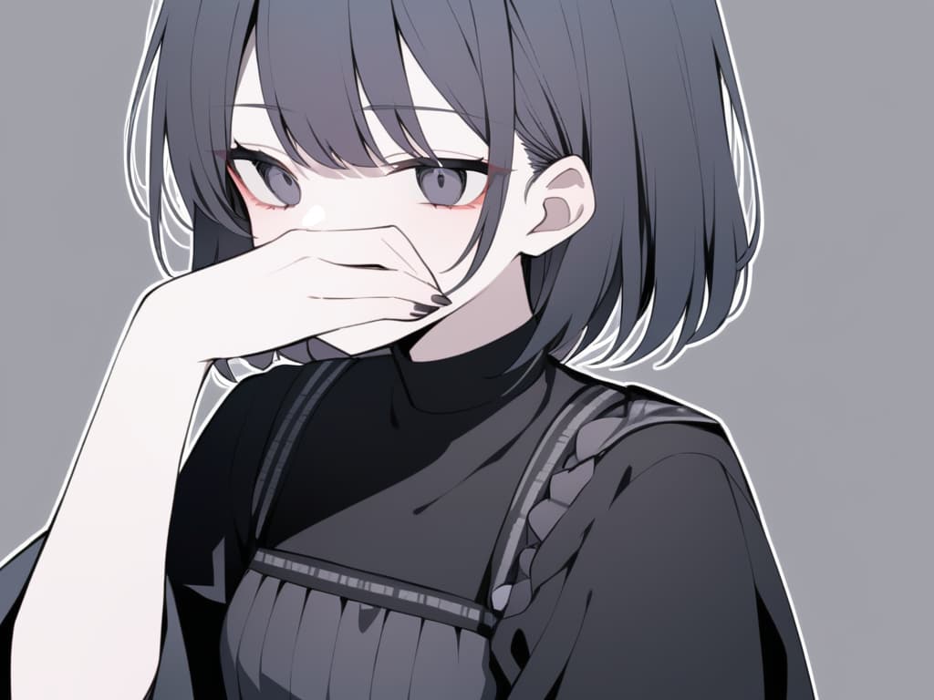  "a male 'jirai kei' character with black hair,wearing dark clothing,covering part of his face with one hand. the character has a mysterious and delicate appearance,with slightly messy short hair,black clothing with subtle silver accessories,and a melancholic expression. no red elements. the background is simple and does not distract from the character's dark,moody aesthetic."