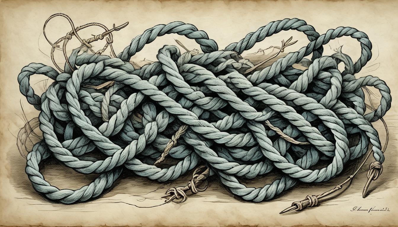  on parchment, surrealism+++, close up of entangled, frayed ropes, intertwining and twisted strands, psychological grip and control(mysterious, provocative, symbolic,muted color)+++