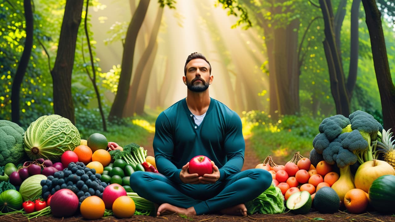  a serene landscape featuring a meditative figure surrounded by nature, symbols of nutrition like fruits and vegetables, and elements representing mental health, such as books and calming colors, all harmoniously integrated. hyperrealistic, full body, detailed clothing, highly detailed, cinematic lighting, stunningly beautiful, intricate, sharp focus, f/1. 8, 85mm, (centered image composition), (professionally color graded), ((bright soft diffused light)), volumetric fog, trending on instagram, trending on tumblr, HDR 4K, 8K