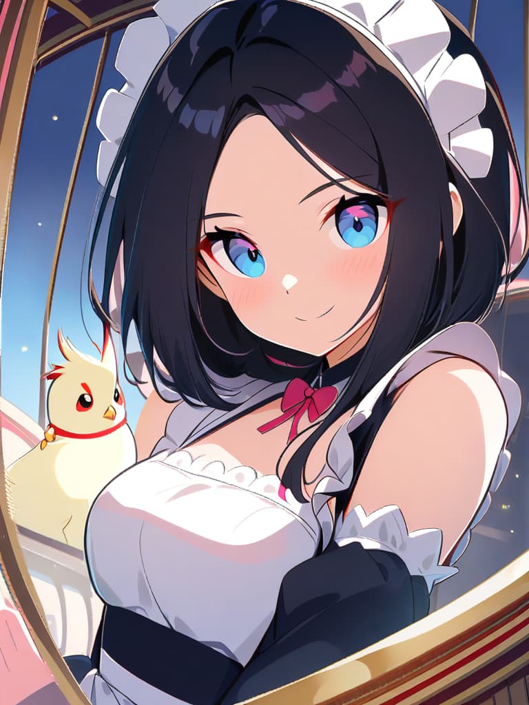  (beautiful girl:1.7)(black hair color:2.0)(medium hair:2.0)(smile:1.7)(in cute maid outfit:2.0)((cockatiel perched inside birdcage:2.0))masterpiece,high quality,super analysis,16k