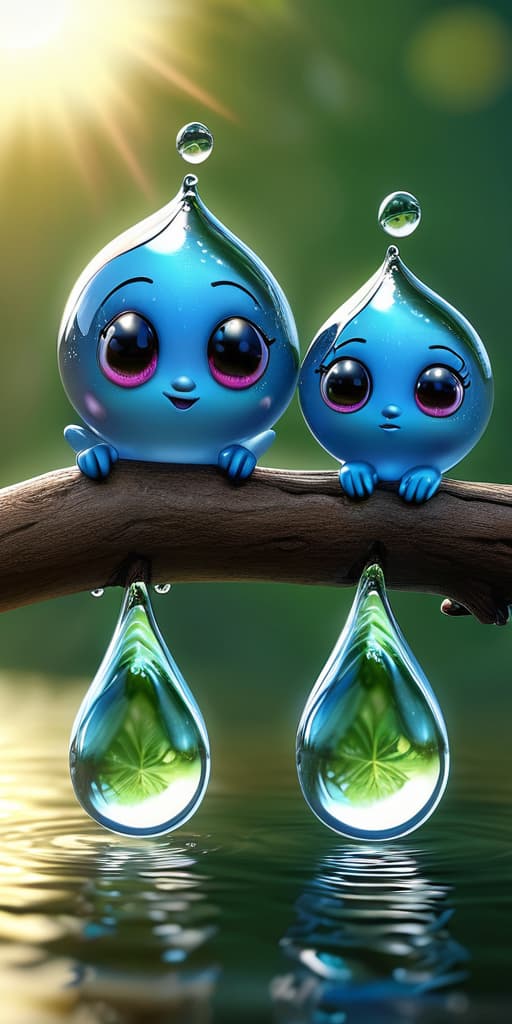  a hyper realistic and whimsical conceptual artwork of a couple of water droplets turned into fantasy water characters sitting on a tree branch watching the beautiful sunrise. uhq, hdr, c4d, ultra detailed macro., high quality, high details, hd, perfect composition, 4k epic detailed, highly detailed, sharp focus, high resolution