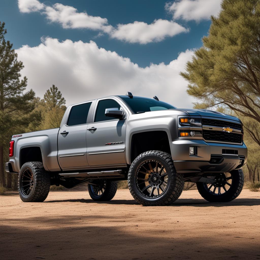  A Chevy Silverado with a 6-inch lift kit and big tires, parked in an outdoor setting, with spinners on the wheels. hyperrealistic, full body, detailed clothing, highly detailed, cinematic lighting, stunningly beautiful, intricate, sharp focus, f/1. 8, 85mm, (centered image composition), (professionally color graded), ((bright soft diffused light)), volumetric fog, trending on instagram, trending on tumblr, HDR 4K, 8K