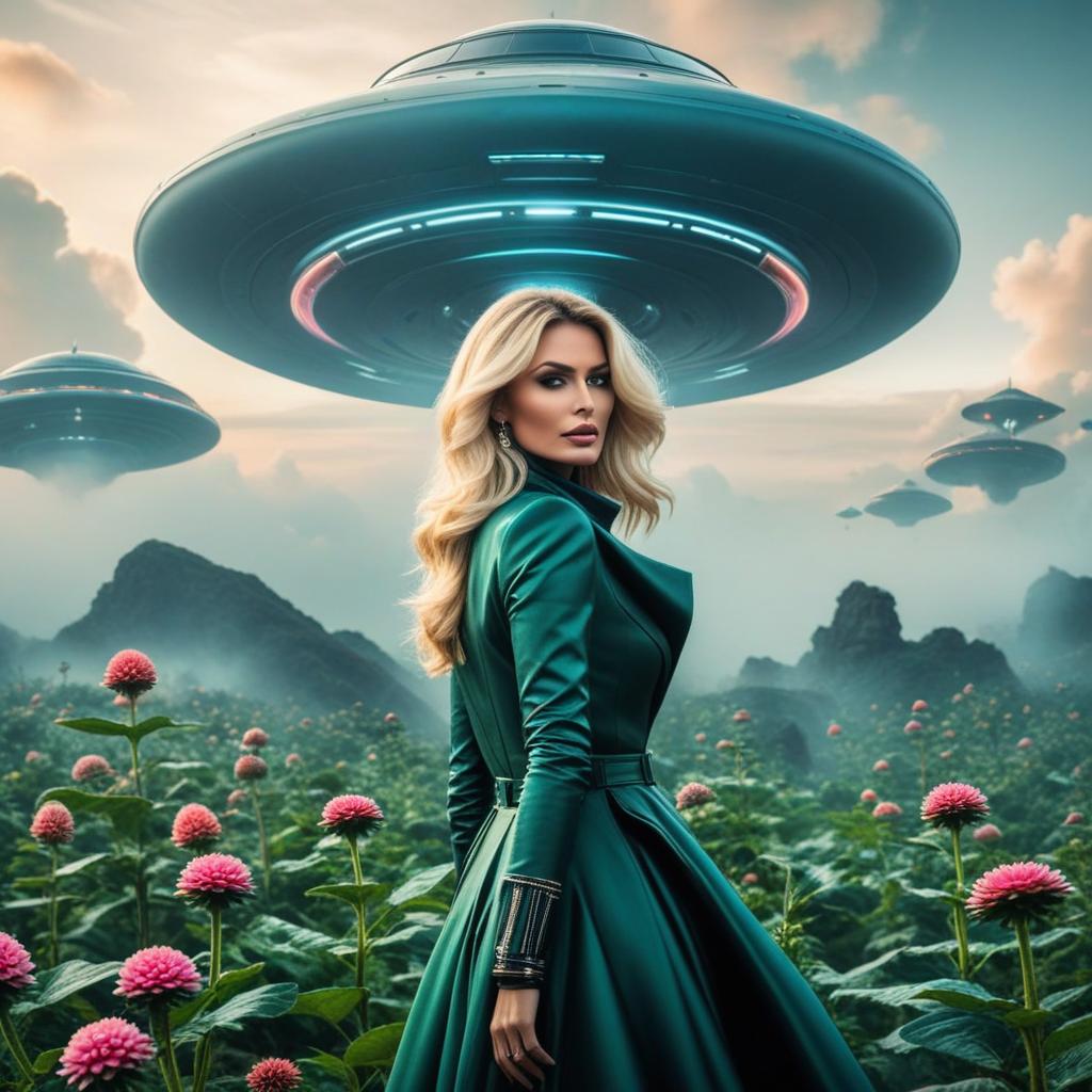  a surreal movie poster led 'alienocalypse', showcasing a friendly, alien flying saucer offering a flower to a towering blond european woman in edgy futuristic attire. the poster should evoke humor and a vibe. remember to include 'astravision.ai' watermark at the lower right. hyperrealistic, full body, detailed clothing, highly detailed, cinematic lighting, stunningly beautiful, intricate, sharp focus, f/1. 8, 85mm, (centered image composition), (professionally color graded), ((bright soft diffused light)), volumetric fog, trending on instagram, trending on tumblr, HDR 4K, 8K