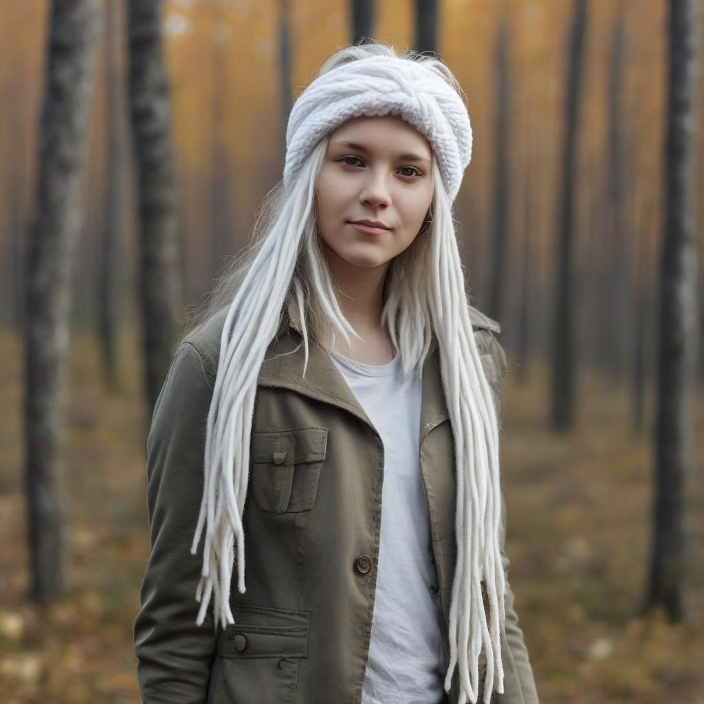  a girl with white long dreadlocks with a knitted headband in the autumn forest, a full length view