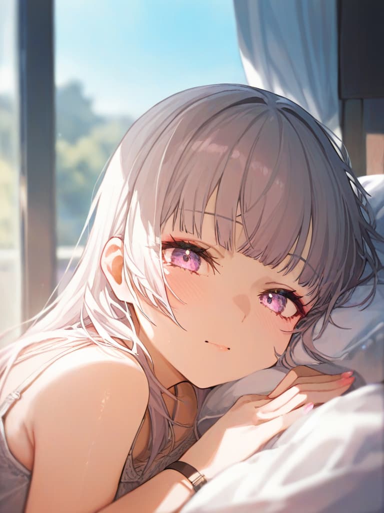  white hair, dark pink, 1 girl, solo, twosideup, blunt bangs, long hair, sleepy girl, masterpiece, best quality,8k,ultra detailed,high resolution,an extremely delicate and beautiful,hyper detail