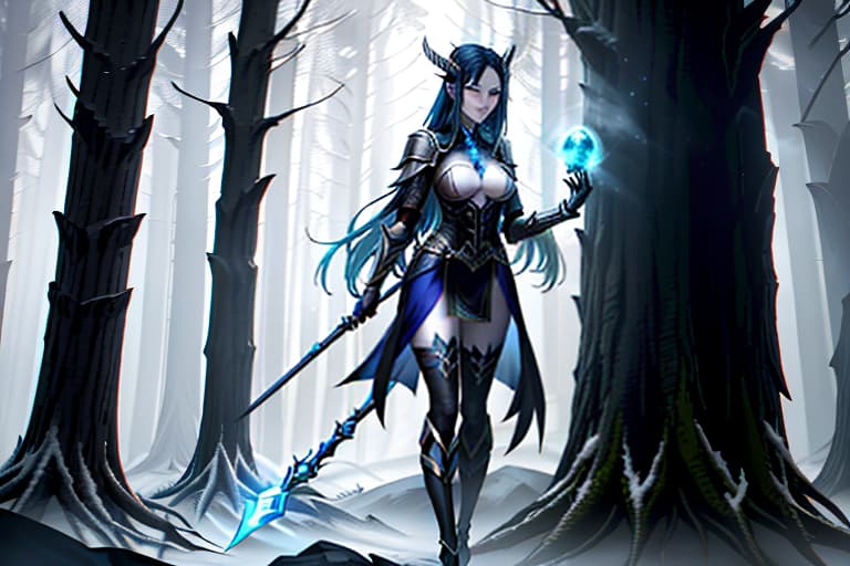  A girl from the cursed faction, an enchantress. She has blue hair, a skull, pale skin, and tired eyes. She wears strong fabric armor. In her hand is a staff. In the background is a twilight forest where she wanders, studying mysterious glowing runes on the trees. hyperrealistic, full body, detailed clothing, highly detailed, cinematic lighting, stunningly beautiful, intricate, sharp focus, f/1. 8, 85mm, (centered image composition), (professionally color graded), ((bright soft diffused light)), volumetric fog, trending on instagram, trending on tumblr, HDR 4K, 8K