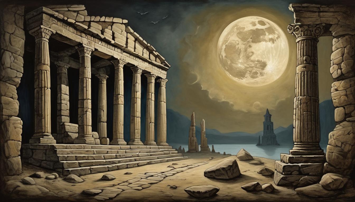  on parchment, surrealism++, ancient ruins under moonlight, moon casting eerie glow, weathered stones, shadowed columns, mystical atmosphere(mysterious, provocative, symbolic)++