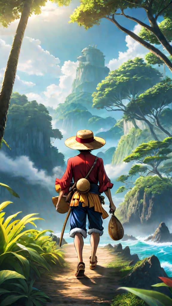  anime art: luffy and straw hat crew approaching mysterious, legendary raftel island on their journey to become pirate king. hyperrealistic, full body, detailed clothing, highly detailed, cinematic lighting, stunningly beautiful, intricate, sharp focus, f/1. 8, 85mm, (centered image composition), (professionally color graded), ((bright soft diffused light)), volumetric fog, trending on instagram, trending on tumblr, HDR 4K, 8K