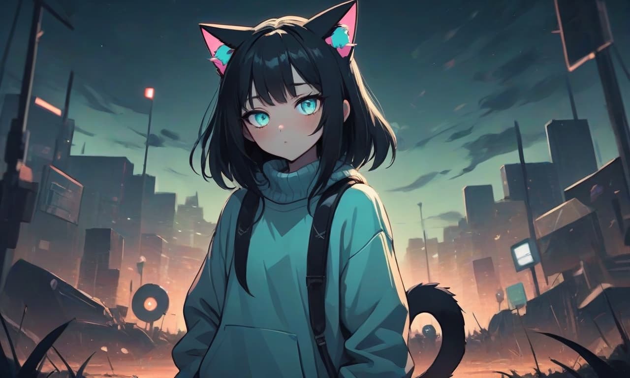  cubist artwork image for music in the genre of breakcore in gloomy style. a girl in anime style with cat ears with long black hair stands in an empty and night field dressed in a sweater of warm and pastel color and pants. the girl looks into the darkness with black lower eyelids under the eyes full of fear of the unknown and curiosity, and the bright turquoise eyes themselves stand out against the background of everything. the image uses warm and bed tones. . geometric shapes, abstract, innovative, revolutionary