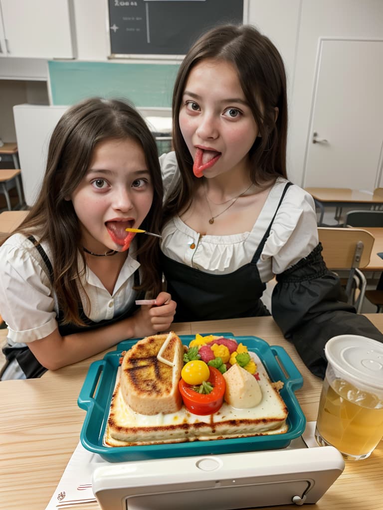  girls in a meal, first graders, large open mouths, sitting on chairs, dishes on the desk, dish in the mouth, masterpiece, best quality,8k,ultra detailed,high resolution,an extremely delicate and beautiful,hyper detail