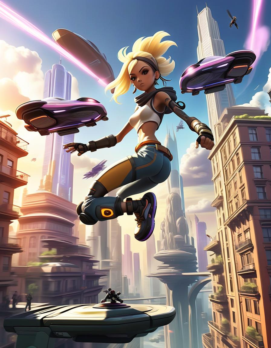  fighting game style fantastic city with flying buildings: a voluminous city of the future, where buildings soar in the sky, connected by bridges. characters in the anime style fly on hoverboards between them, lit by the light of the sunset. . dynamic, vibrant, action packed, detailed character design, reminiscent of fighting video games