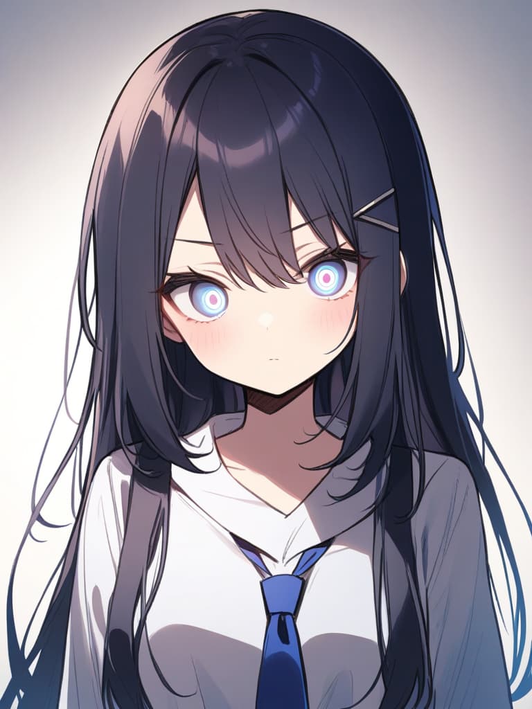  1 girl,solo,black hair,white eyes,beauty,girl,cool,student,white shirt,blue ribbon,hairpin,stinking eyes,pierce,cool and cute face,long hair,long eyelashes