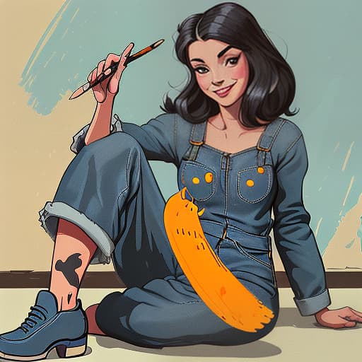  the girl sits on the floor in a denim jumpsuit smiles and holds a paintbrush, animal, illustration, flat, vector, detailed.