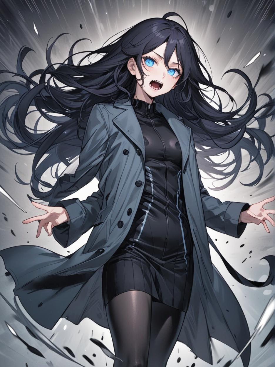  manga artwork anime art. a woman with sharp teeth. light blue eyes. it has long black hair that flows freely, giving it a mysterious and imposing air. he wears a long black coat with wavy edges, which appear to be in constant motion, adding a sense of dynamism to his appearance. the coat is open at the front, revealing a fitted black outfit underneath, which highlights her slender and athletic figure. her pose is confident and slightly dynamic, with one hand extended outwards, as if reaching for something or making a meaningful gesture. the background is a solid black, with an aura like circle framing the character's head, enhancing his silhouette and giving him an almost otherworldly look. hyper realistic atmospheres, detail, 8k. manga ar