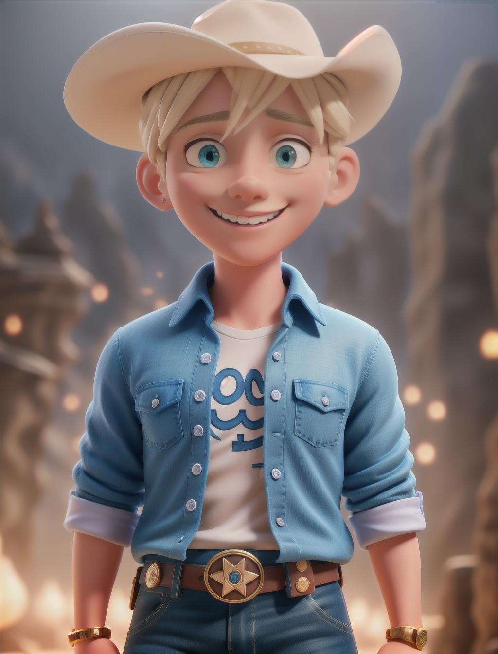  Blonde hair, blue eye boy, cowboy hat, smiling, cartoon hyperrealistic, full body, detailed clothing, highly detailed, cinematic lighting, stunningly beautiful, intricate, sharp focus, f/1. 8, 85mm, (centered image composition), (professionally color graded), ((bright soft diffused light)), volumetric fog, trending on instagram, trending on tumblr, HDR 4K, 8K