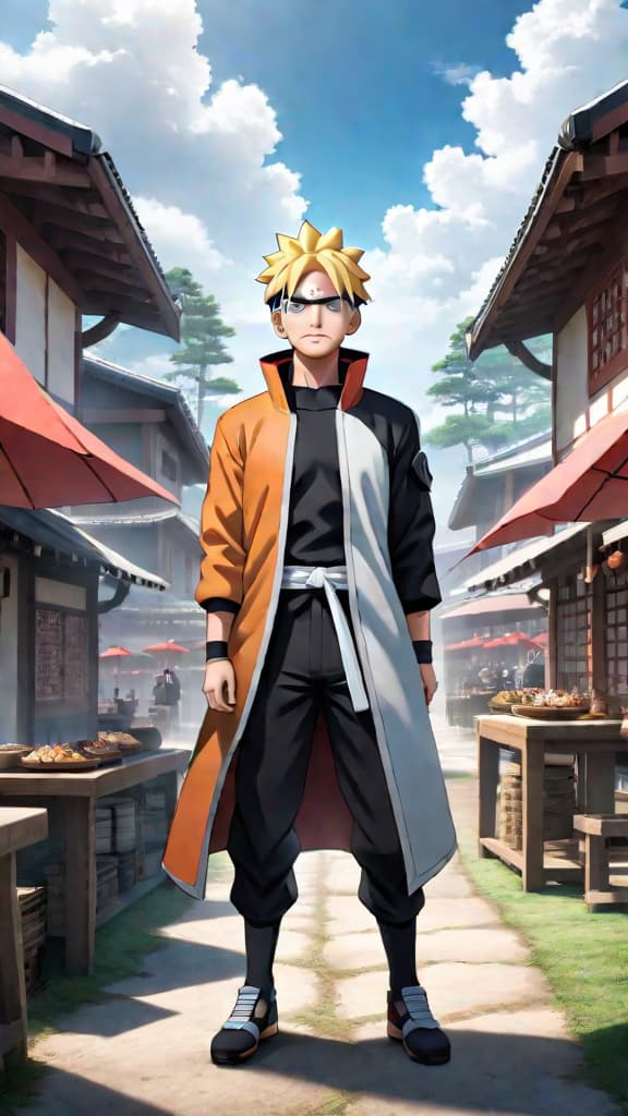  anime art boruto from boruto: naruto next generations in hidden leaf village with young naruto and jiraiya from naruto hyperrealistic, full body, detailed clothing, highly detailed, cinematic lighting, stunningly beautiful, intricate, sharp focus, f/1. 8, 85mm, (centered image composition), (professionally color graded), ((bright soft diffused light)), volumetric fog, trending on instagram, trending on tumblr, HDR 4K, 8K